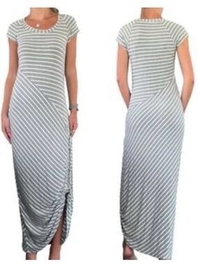 Athleta Dusty Sharkbite Striped Maxi Dress Short-Sleeve Gray and White